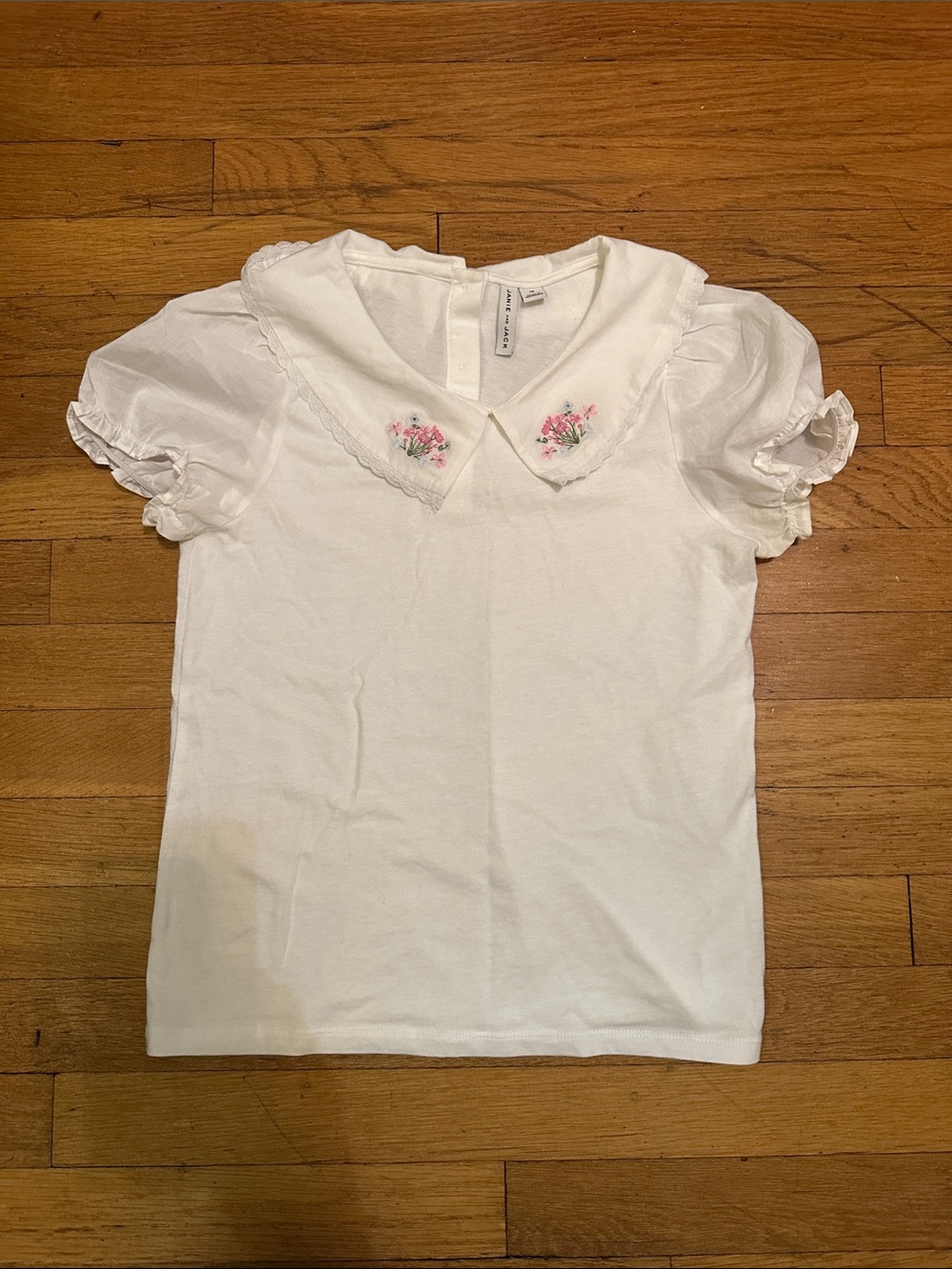 Janie and Jack White Short-Sleeve Top with Pink Floral Embroidered Collar